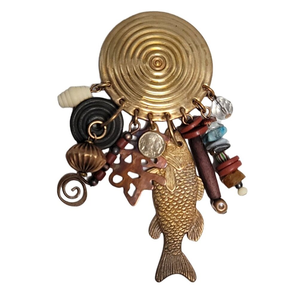 Marjorie Baer Brass Round Spiral, Multi Charm, Fish, Bead, Stone Dangle Brooch